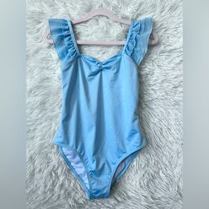 Girls Elegant Flutter Ruffled Sleeve One-Piece Blue Leotard Size L 8 yrs
